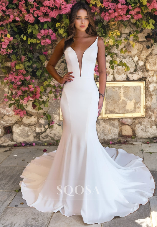 Deep V-Neck Straps Mermaid Satin Wedding Dress Trumpet with Train Bridal Dress