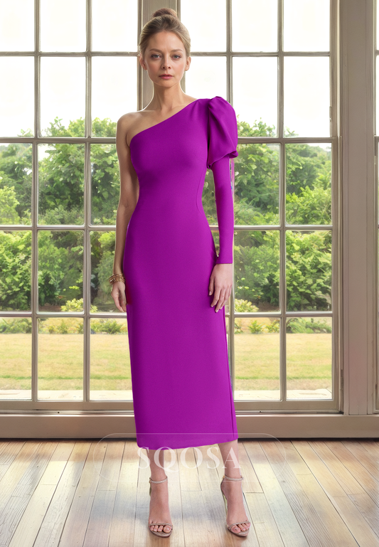 Sheath One Shoulder Long Sleeves Cocktail Dress Elegant Mother of the Bride Dress