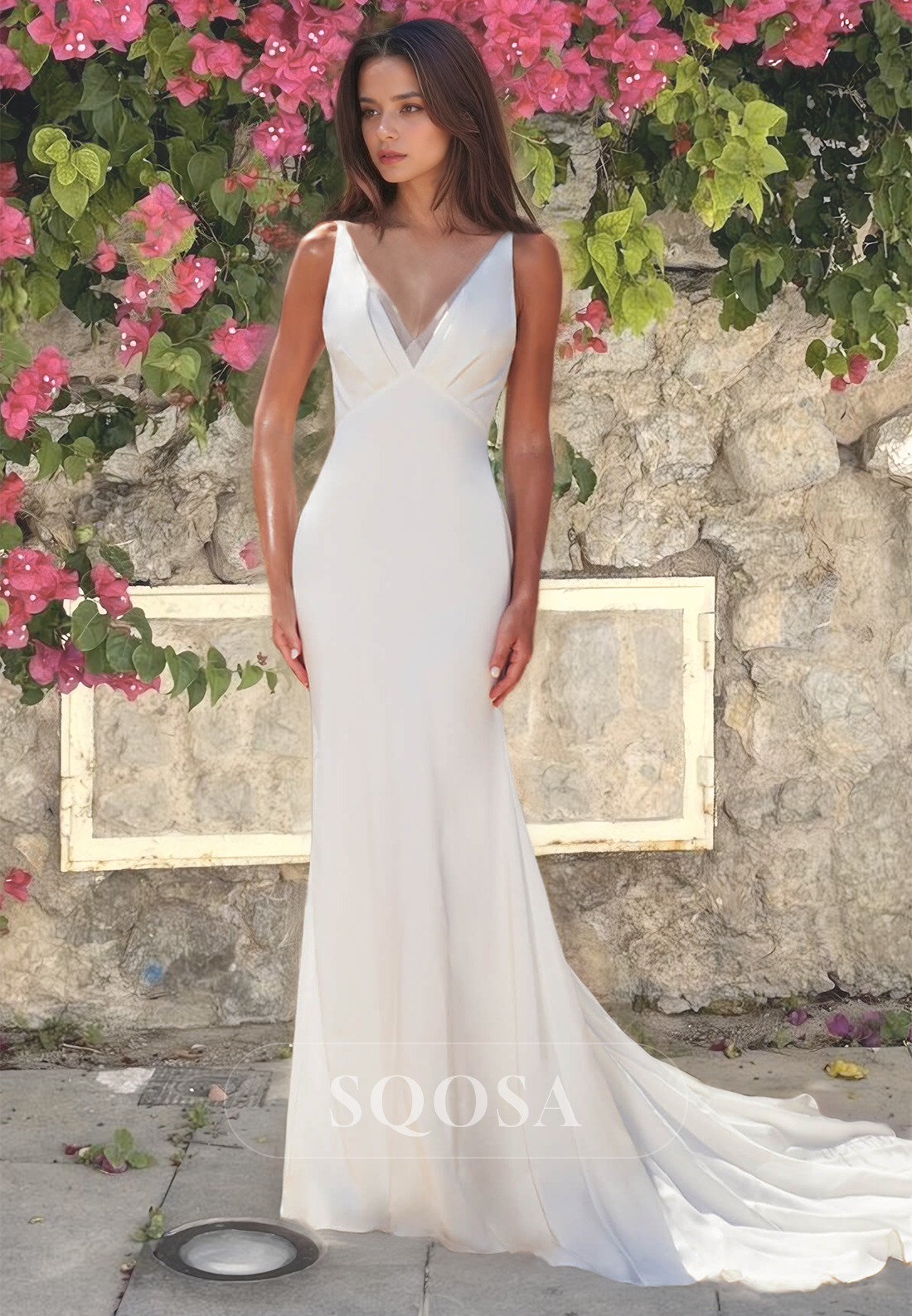 pleated mermaid wedding dress Simple V-Neck Sleeveless Pleated Mermaid Wedding Dress Satin with Sweep Train Bridal Gowns Ivory / US6