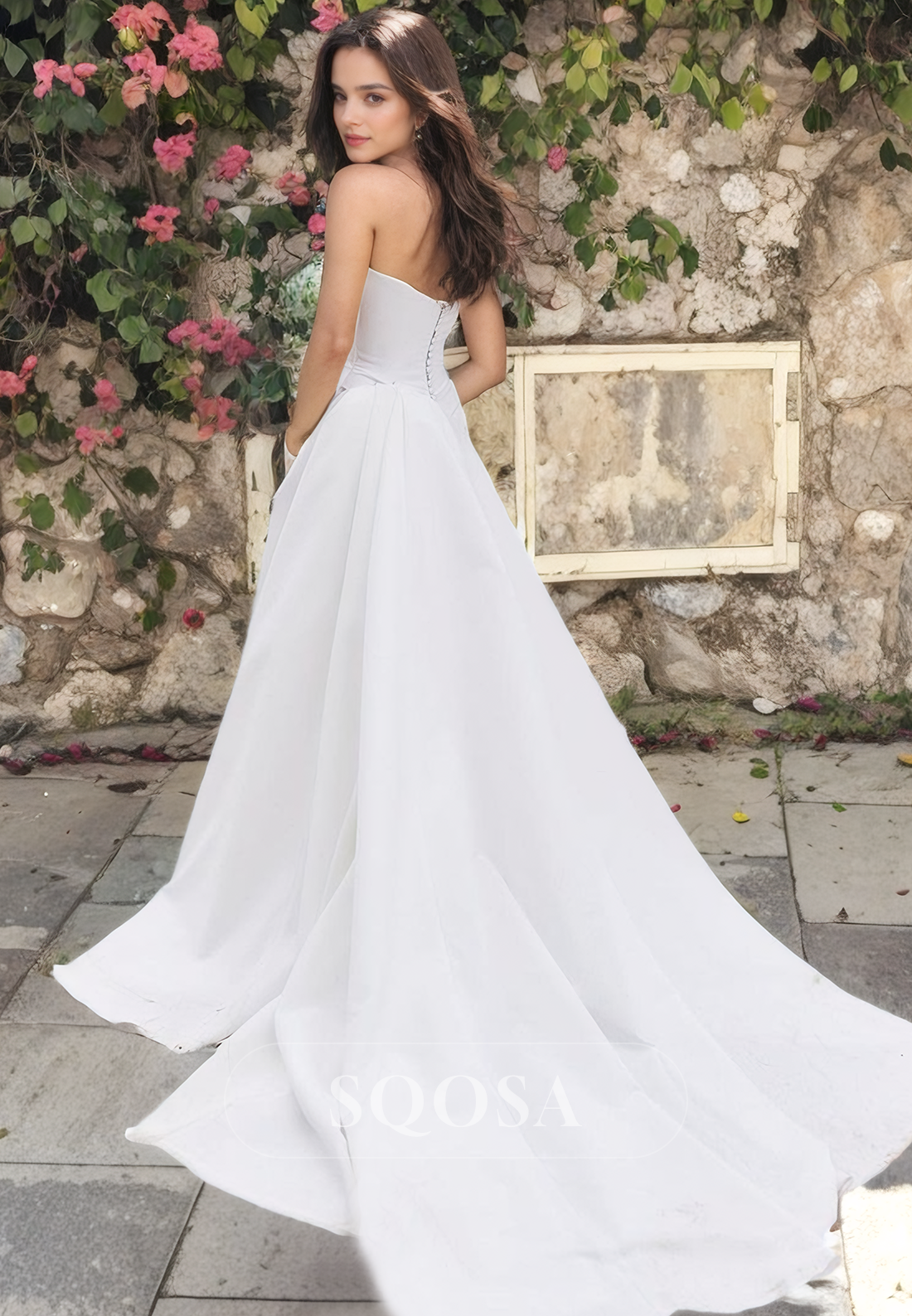 Scoop Neck A-Line Satin Bridal Dress with Train Pleated Sleeveless Wedding Gown