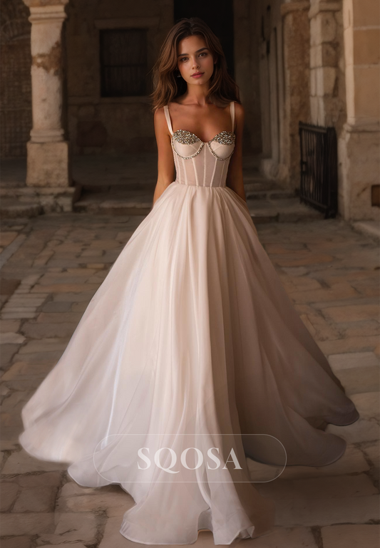 Sweetheart Spaghetti Straps Chiffon A-Line Wedding Dress Beaded with Sweep Train Bridal Gowns