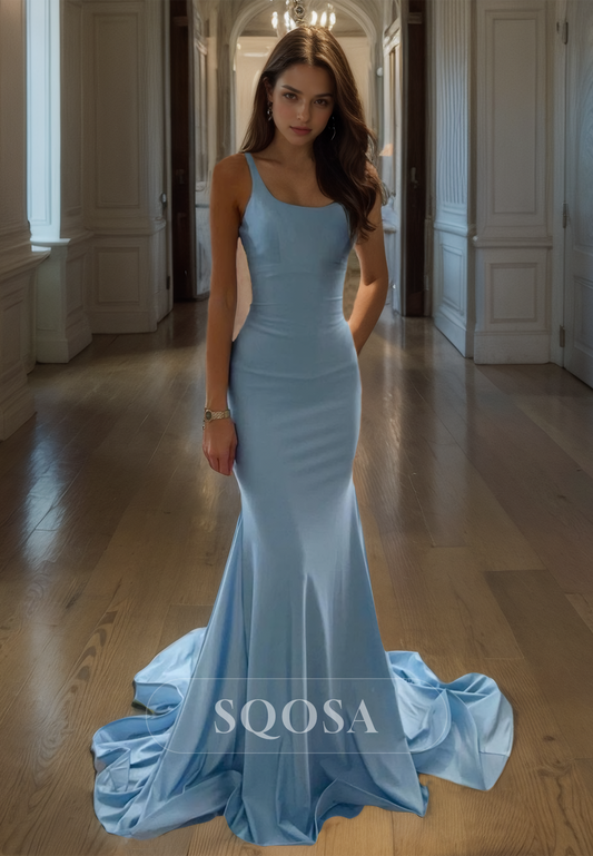 Scoop-Neck Sleeveless Off-Shoulder Party Gowns Spaghetti Straps Sweep Train Mermaid Prom Dress