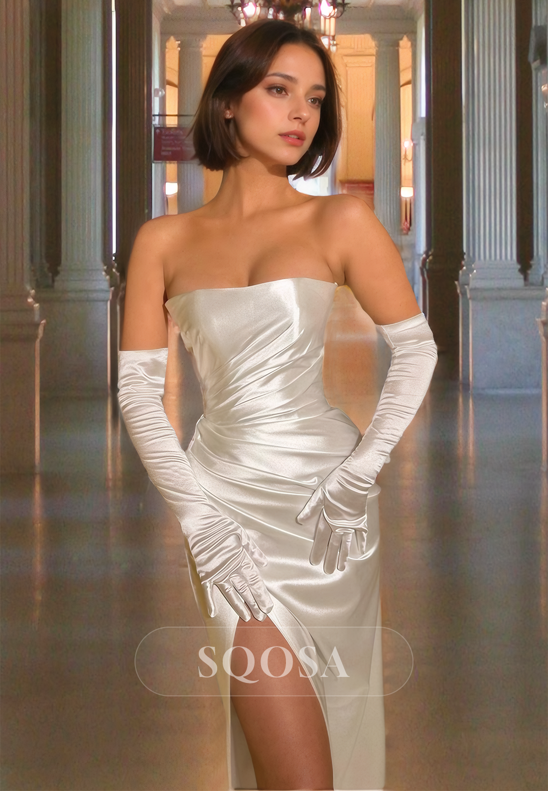 Tube Top Off-Shoulder with Gloves Fitted Prom Dress Pleated Satin High Slit Sweep Train Formal Gowns