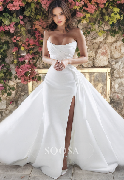 Scoop Neck A-Line Satin Bridal Dress with Train Pleated Sleeveless Wedding Gown