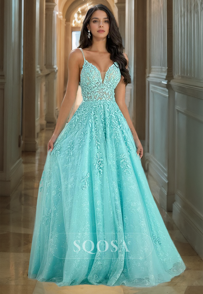 A-Line V-Neck Spaghetti Straps Glitter-Knit Prom Dress Floor-Length with Appliques Party Dress