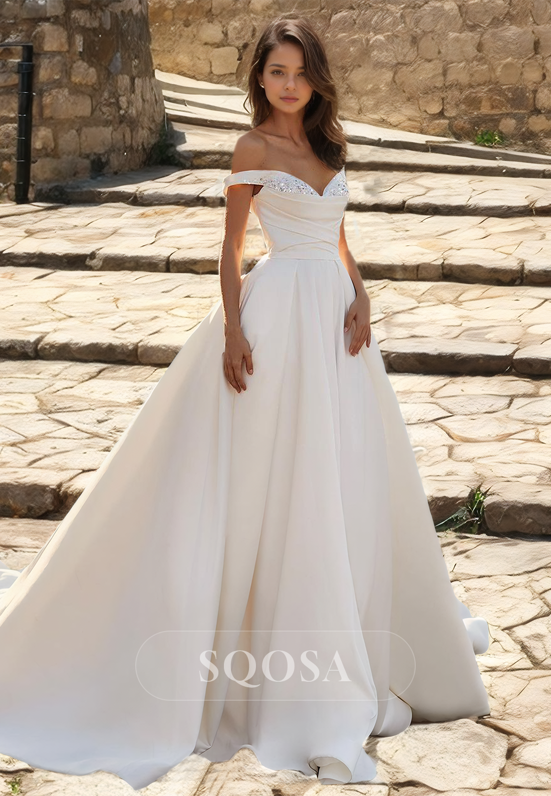 Couture Sleeveless Beaded Sweetheart Off-Shoulder Pleated A-Line Wedding Dress with Train