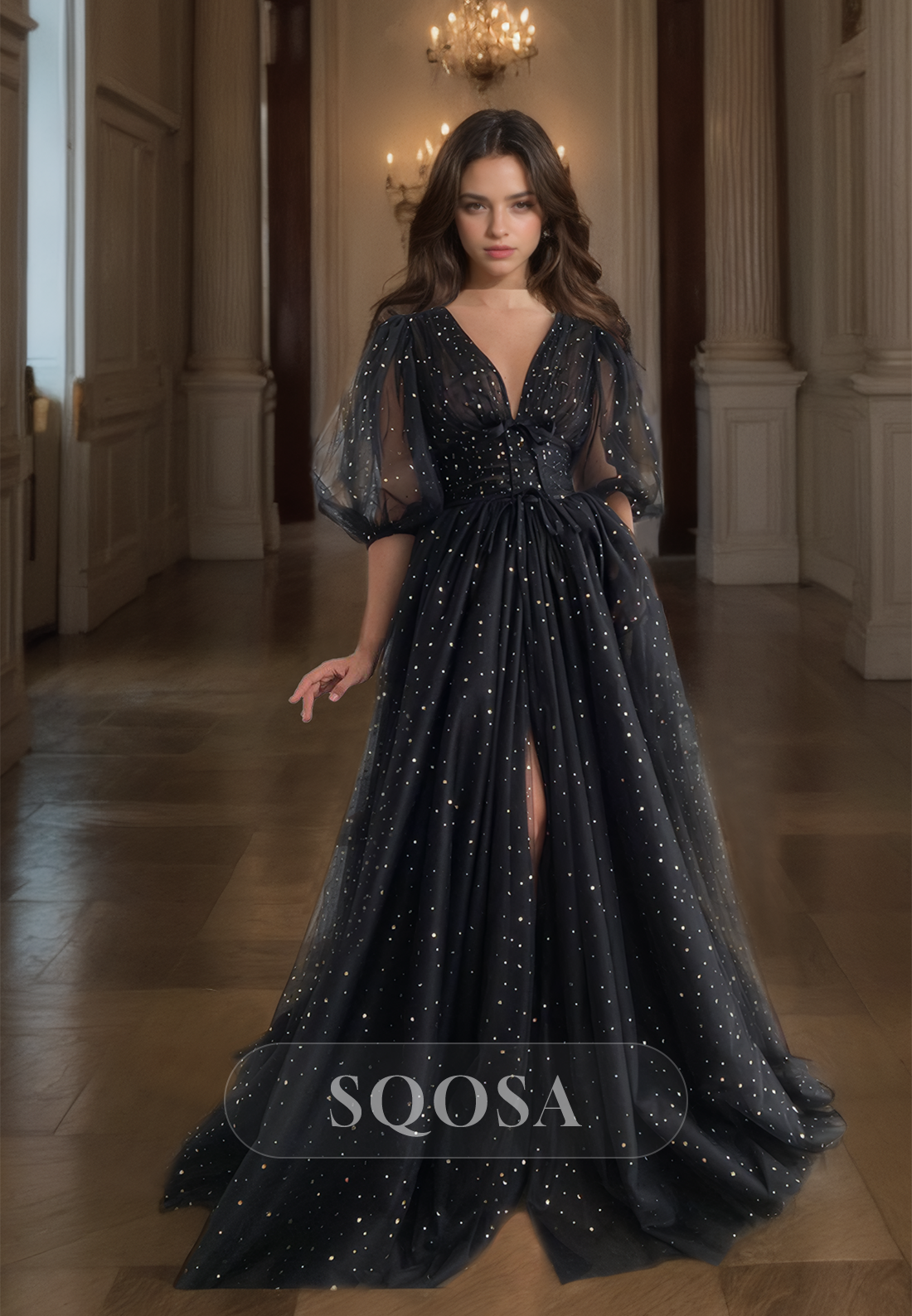 A-Line Three Quarter Sleeves V-Neck Prom Dress Beaded Tulle Slit Evening  Gown with Sweep Train