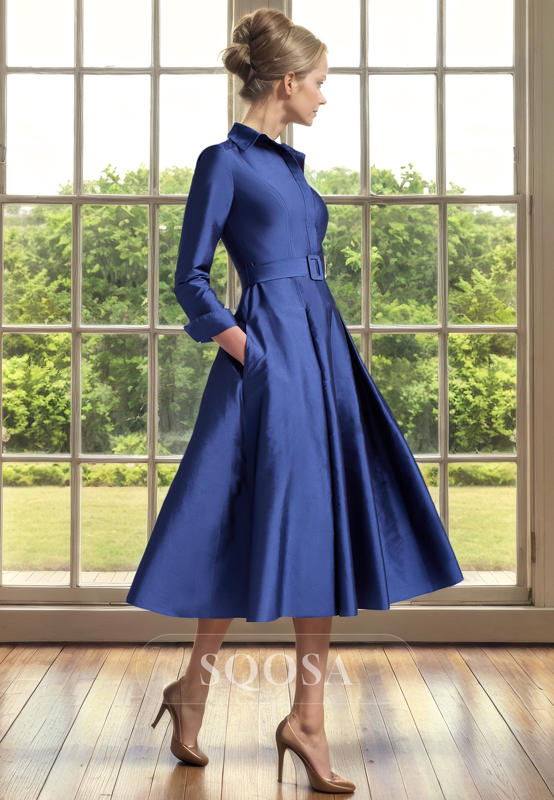 A Line Long Sleeves Navy Elegant Mother of the Bride Dress with Pockets Short Cocktail Dress