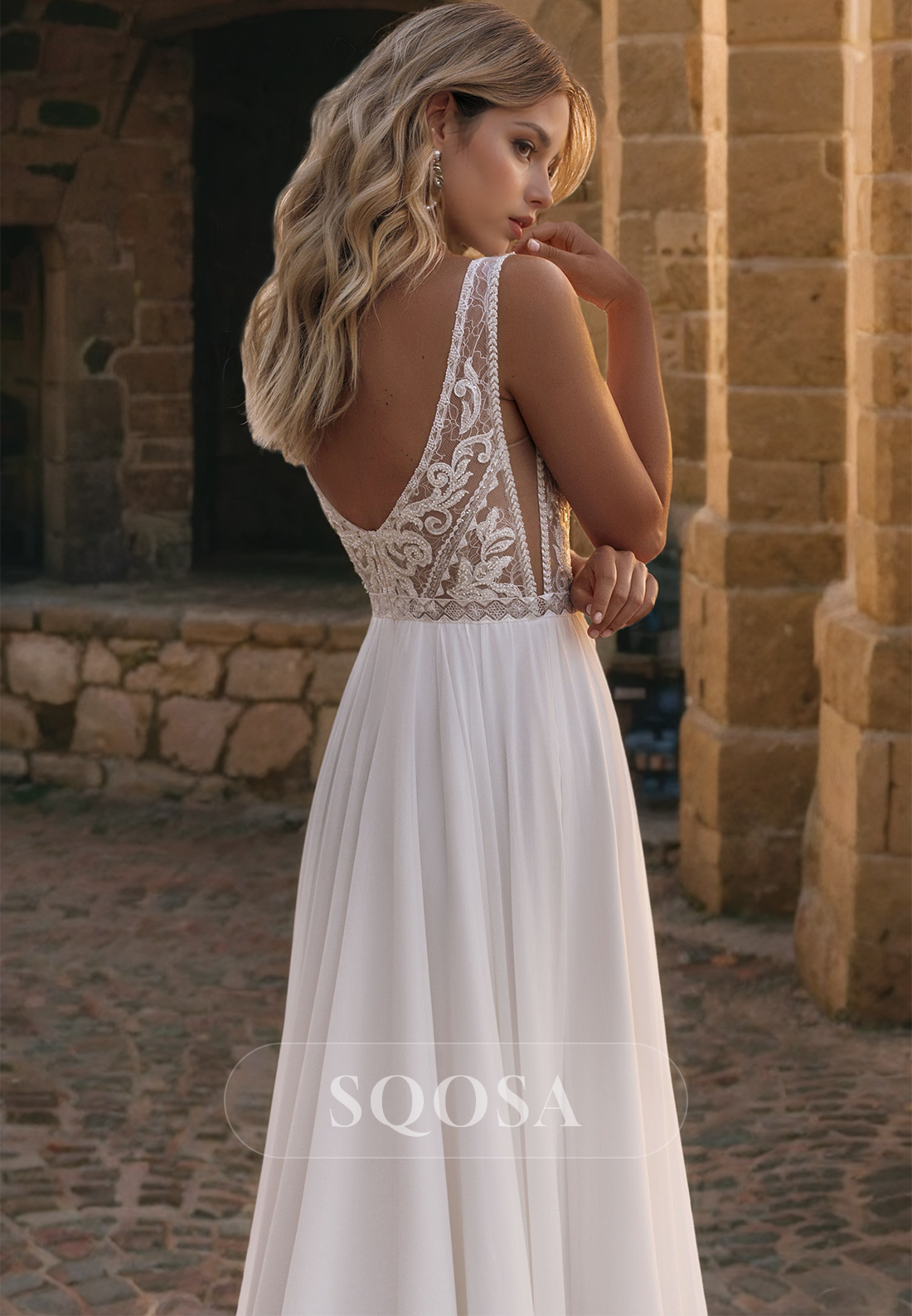 A-Line V-Neck Sleeveless Straps Blouson Lace Illusion Cutout with Sweep Train Wedding Dress