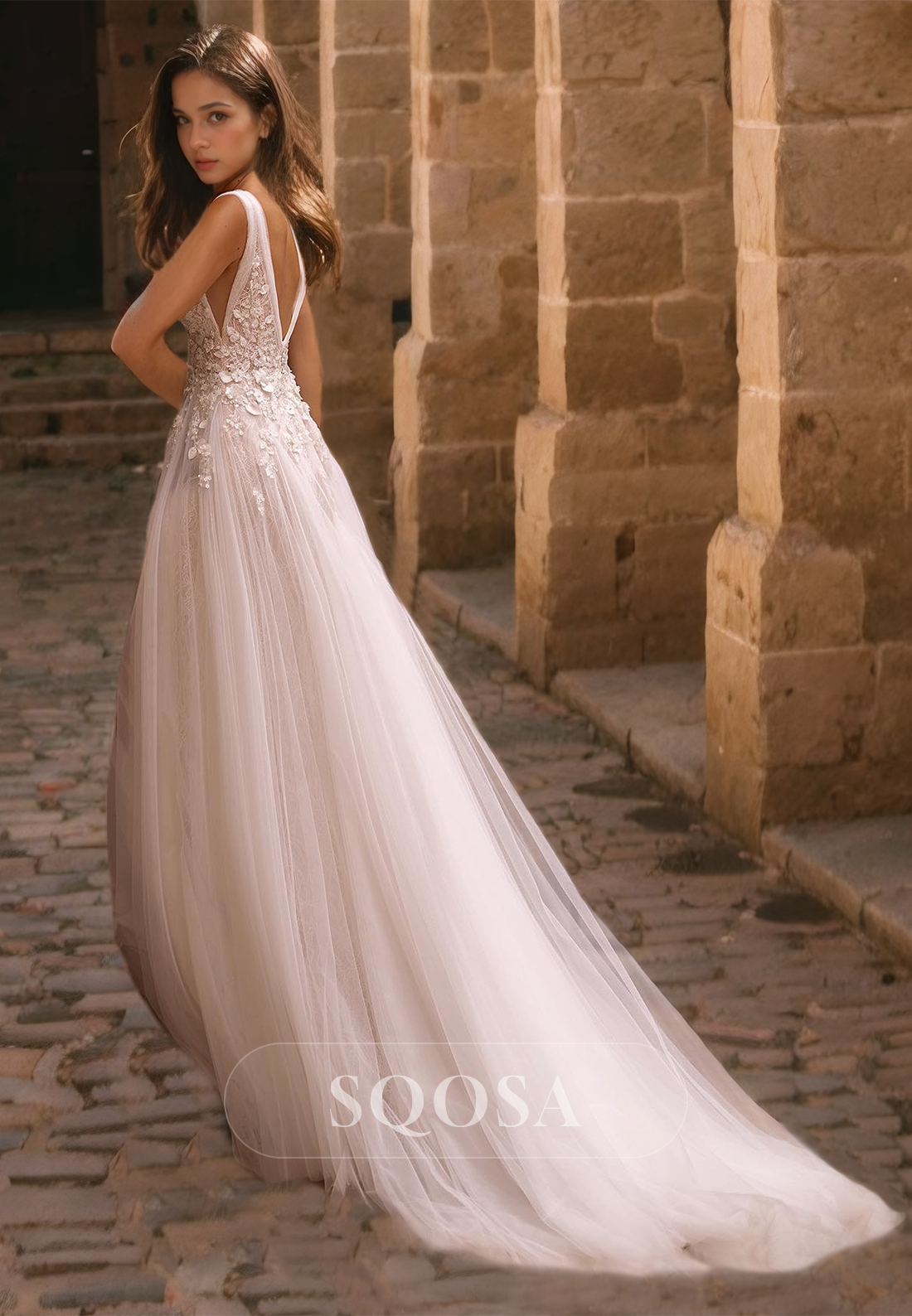 V-Neck Straps Sleeveless A-Line Applique and Beaded Illusion Cutout Wedding Dress with Train