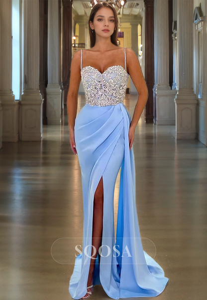 Sweetheart Spaghetti Straps Pleated Prom Dress Blouson Beaded Mermaid Formal Dress