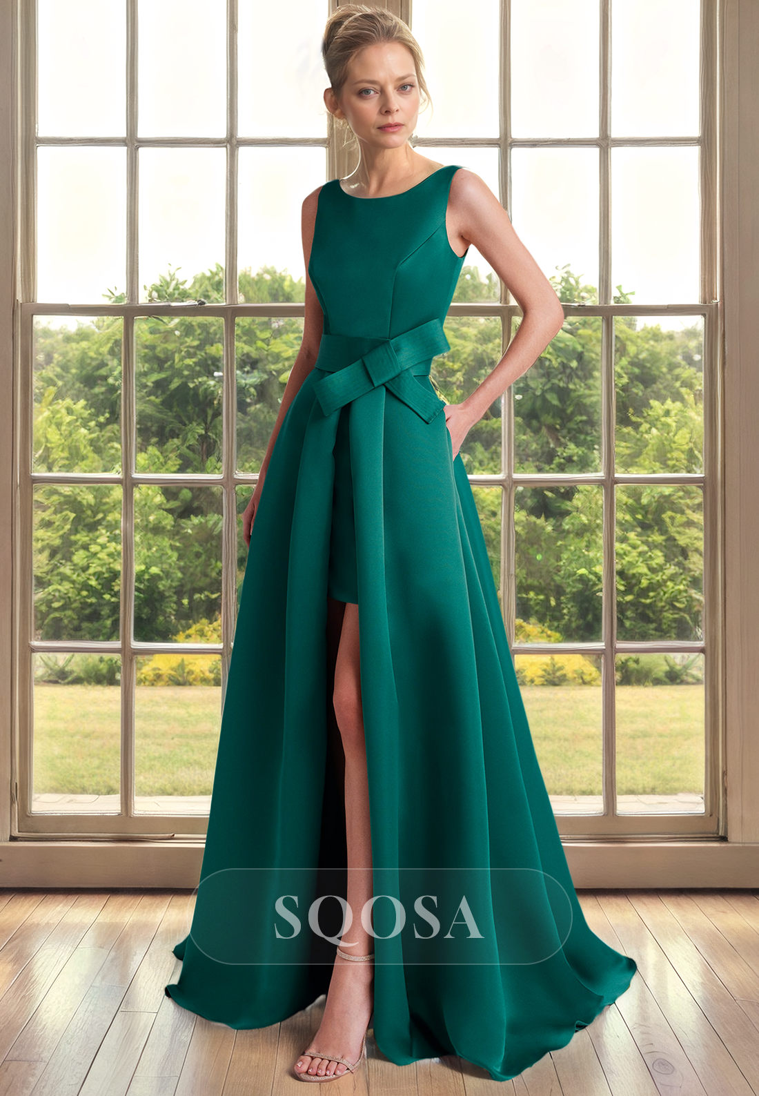 A Line Bateau Green Satin Long Cocktail Dress with Pockets Simple Mother of The Bride Dress US6 / Custom Color