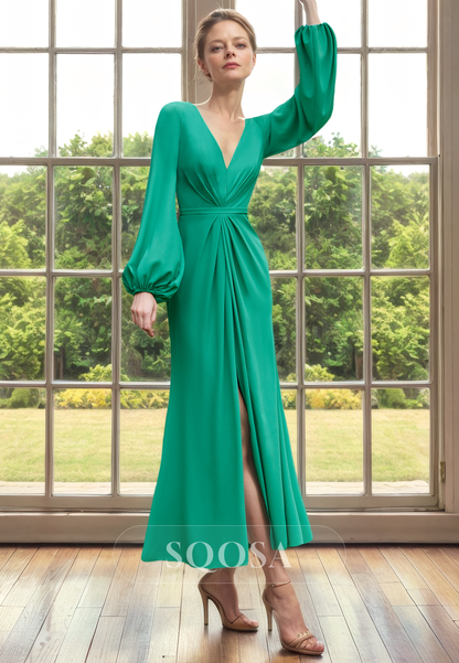 Sheath V neck Pleats Long Sleeves Elegant Mother of the Bride Dress for Wedding Cocktail Dress