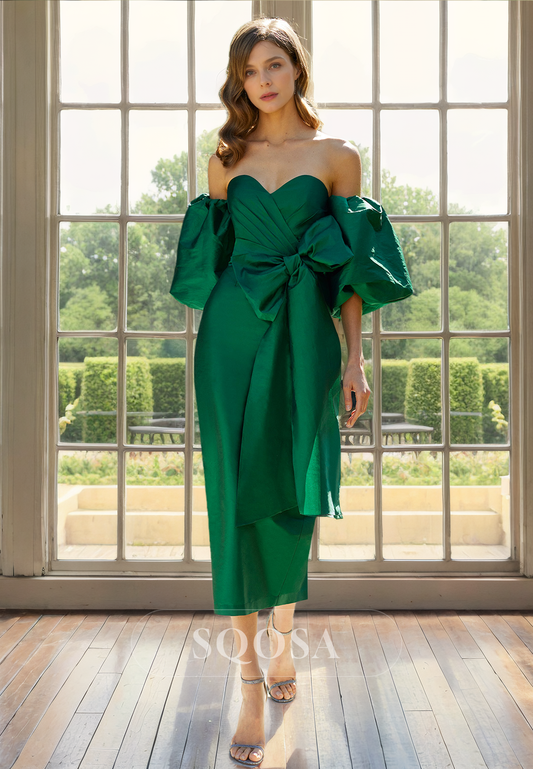 Sheath Sweetheart Pleats Half Sleeves Green Cocktail Dress Elegant Mother of the Bride Dress