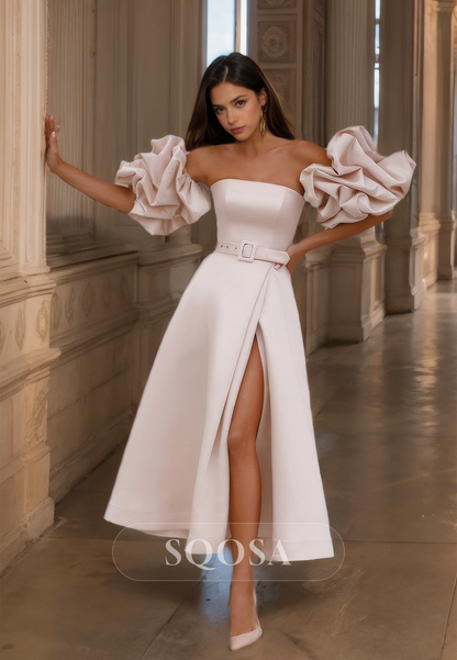 Simple Tube Top A-Line Satin Prom Dress Puff Sleeves Party Gown with Slit