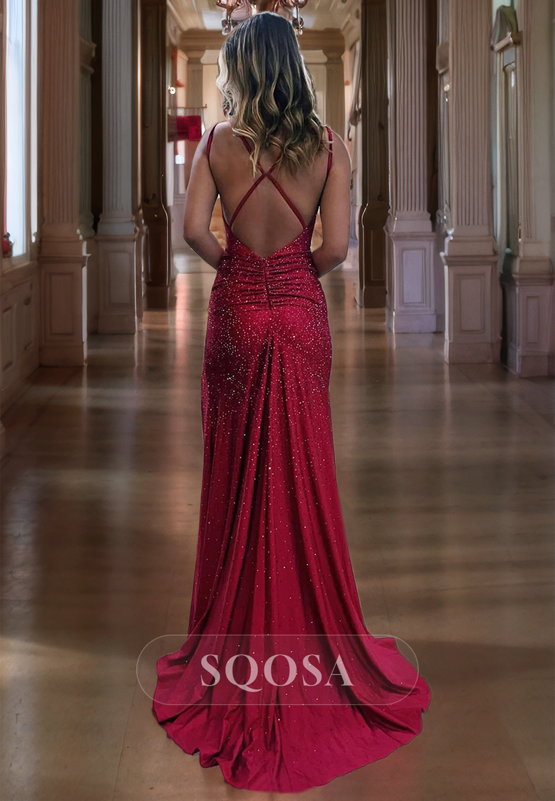 V-Neck Spaghetti Straps Sleeveless Fitted Prom Dress Beaded Slit with SQOSA V-Neck Spaghetti Straps Sleeveless Fitted Prom Dress Beaded Slit with SQOSA