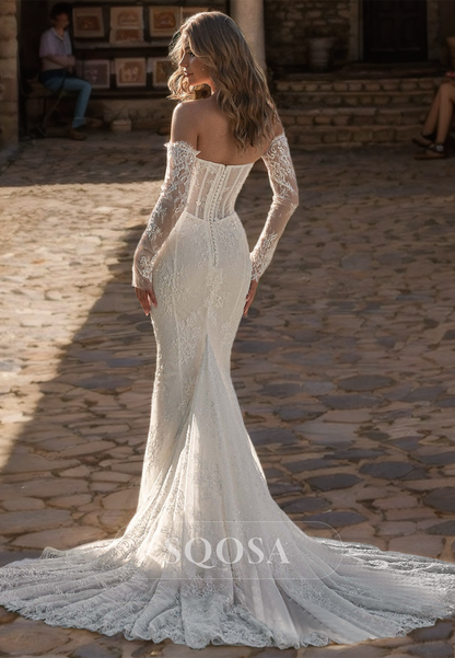 off shoulder wedding dress with gloves A-Line Wedding Gown With Lace