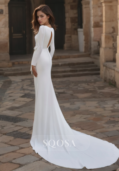 Square-Neck Fitted Beach Wedding Dress Long Sleeves Pleated Satin Boho Wedding Gowns Slit with Train