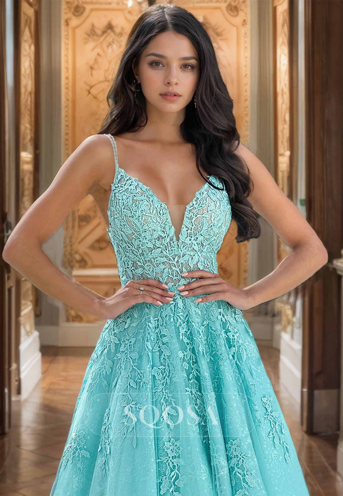 A-Line V-Neck Spaghetti Straps Glitter-Knit Prom Dress Floor-Length with Appliques Party Dress