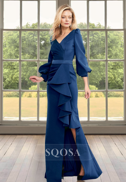Long-Sleeves V-Neck Satin Mermaid Mother of the Bride Dress Pleated High Slit Cocktail Gowns