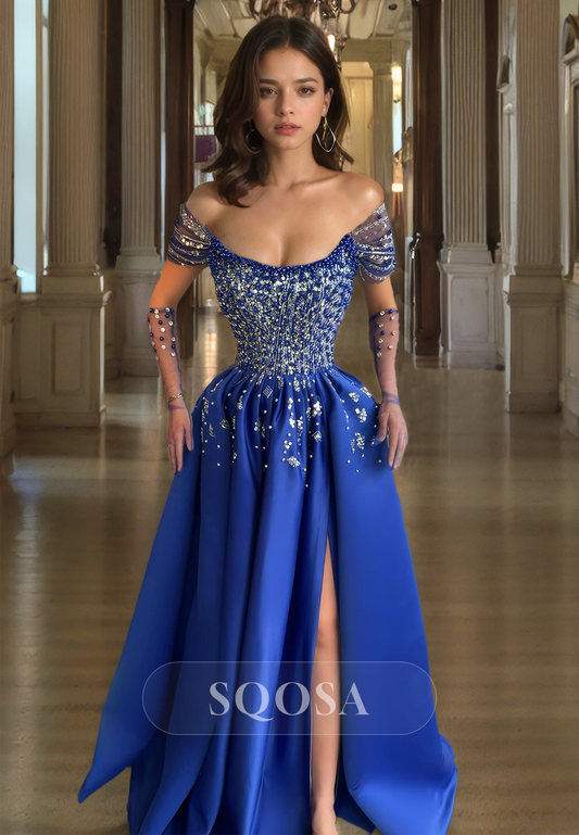 Scoop-Neck Tulle Gloves A-Line Prom Dress Beaded Pleated Floor-Length Slit Formal Dinner Gowns