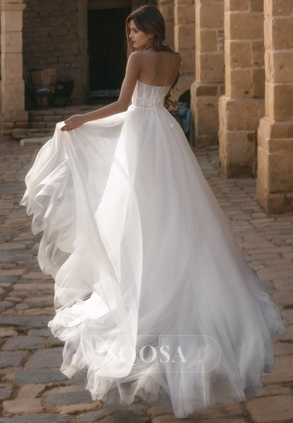 A-Line Sweetheart Floor Length Tulle with Beaded and Applique Wedding Dress