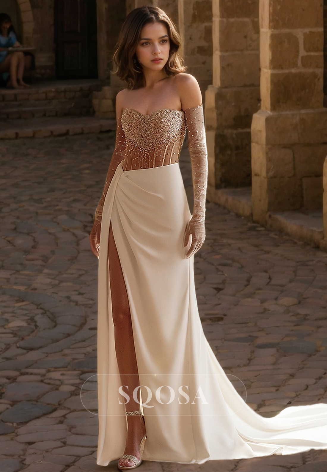Tulle Long-Gloves Sweetheart Fitted Wedding Dress Beaded Pleated Cutout High Slit Beach Bride Dress Custom Color / US8 Tulle Long-Gloves Sweetheart Fitted Wedding Dress Beaded Pleated Cutout High Slit Beach Bride Dress Custom Color / US8