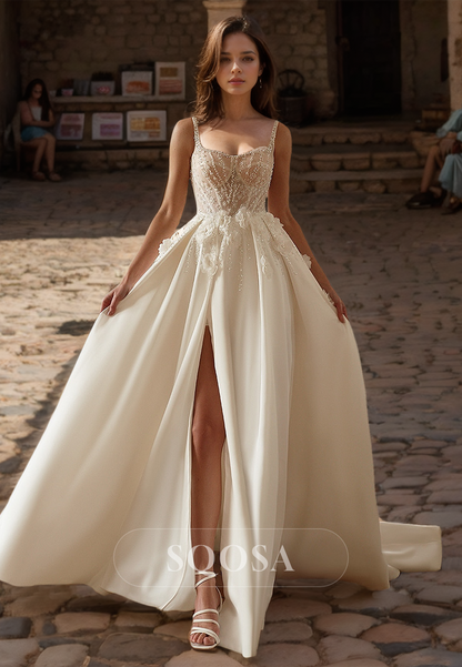 Spaghetti Straps Sweetheart Sleeveless A-Line Bride Gowns Beaded Floral Embellished Wedding Dress with High Slit