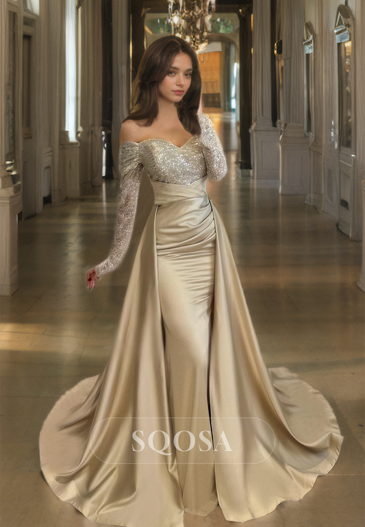 Sweetheart Long-Sleeves Pleated Mermaid Prom Dress Sequined Formal Gowns with Overskirt