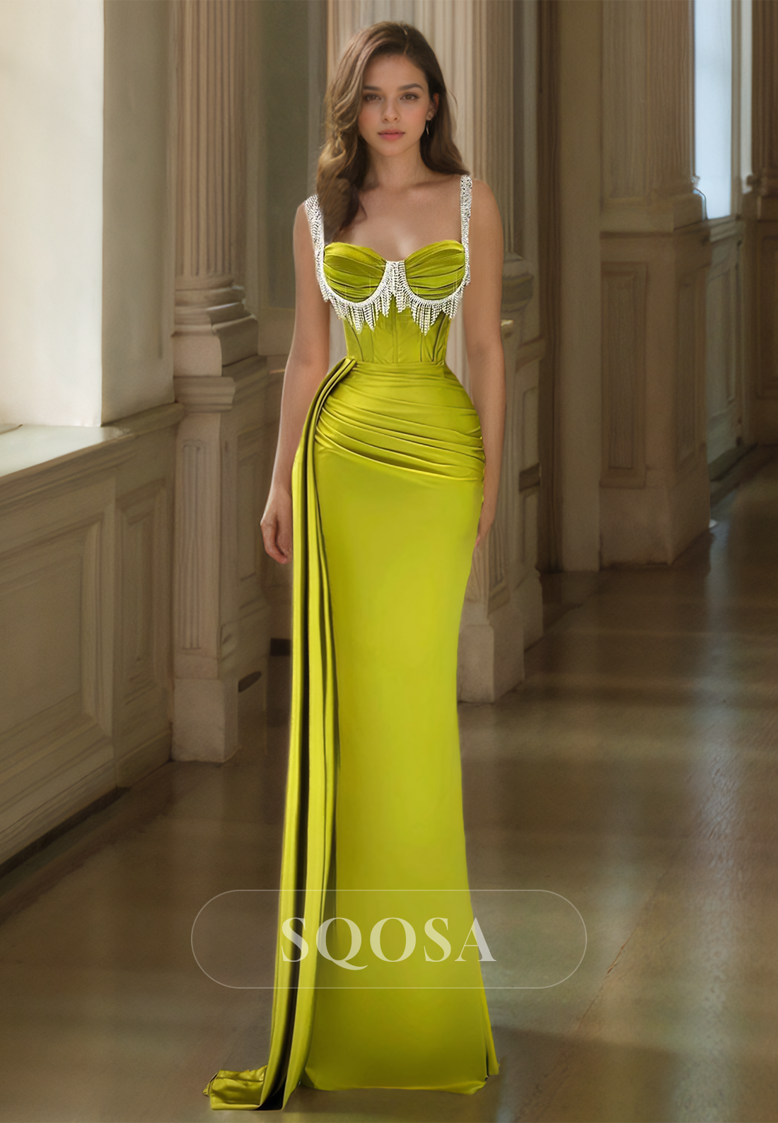 Spaghetti Straps Sweetheart Sleeveless Pleated Mermaid Formal Prom Dress with Beaded Fringe