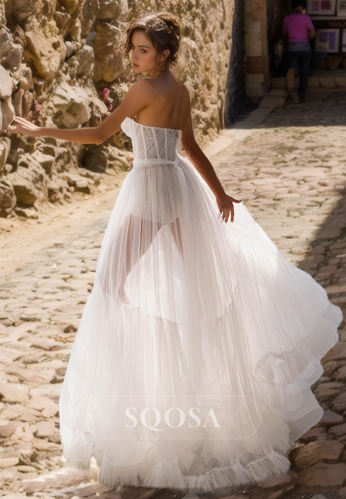 Sweetheart Off-Shoulder Tulle A-Line Boho Wedding Dress Pleated Cutout Beach Brided Gowns