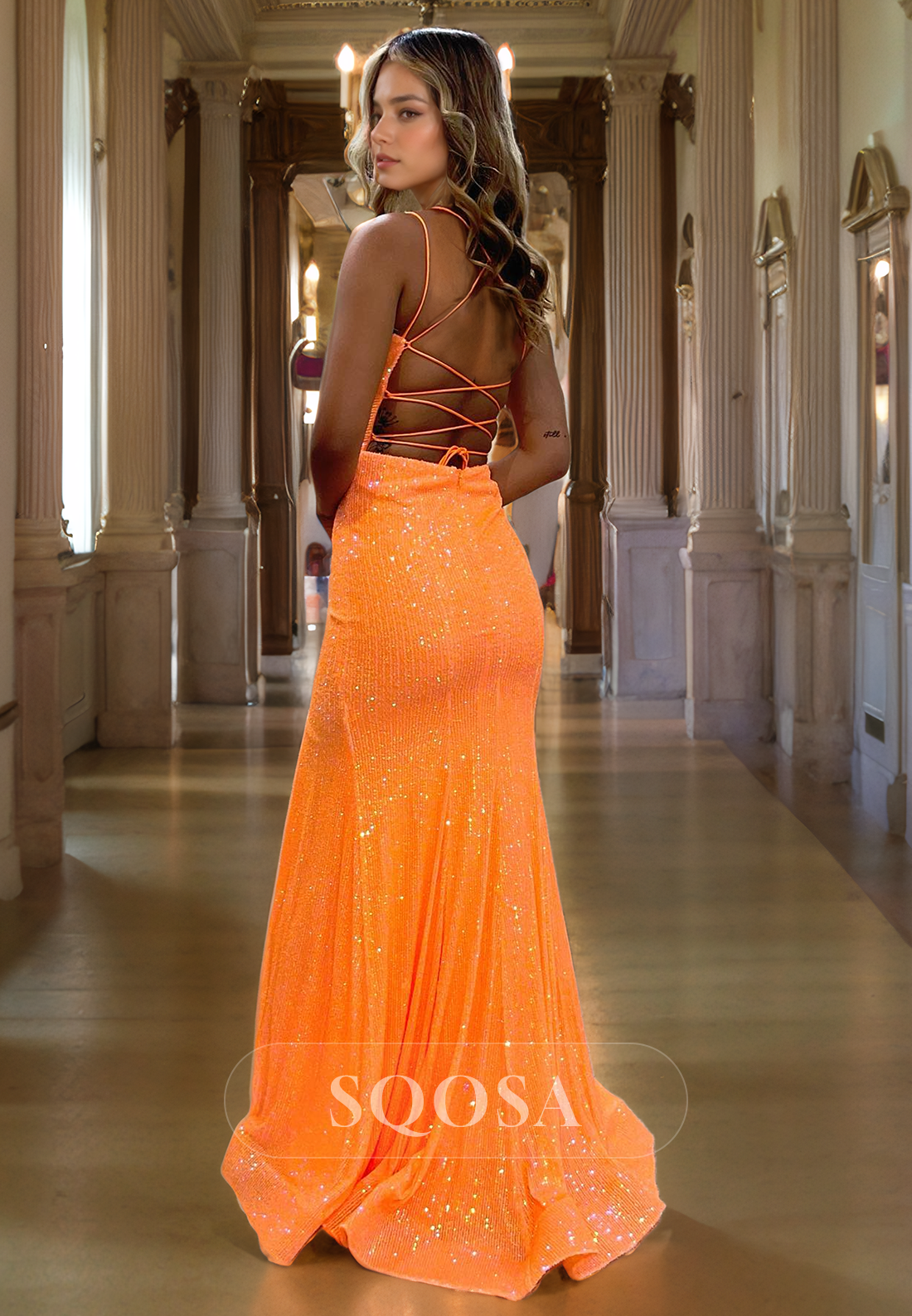 Spaghetti Straps V Neck Sequins Saprkly Prom Dress with Slit Formal Party Gown