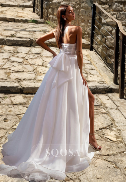 A-Line Sleeveless Sweetheart Boho Bride Dress Off-Shoulder High Slit Chiffon Wedding Dress