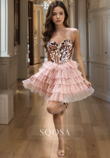 Sweetheart A-Line Sleeveless with Beaded and Mirror Rhinestone Homecoming Dress