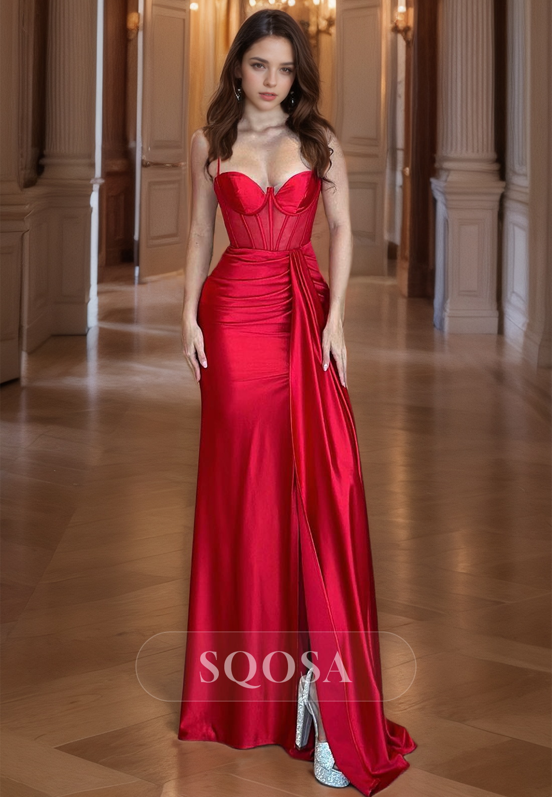 Sweetheart Sleeveless Fitted Satin Prom Dress Floor Length with Side Slit Evening Dress