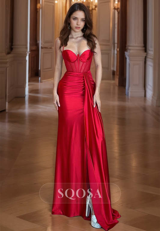 Sweetheart Sleeveless Fitted Satin Prom Dress Floor Length with Side Slit Evening Dress