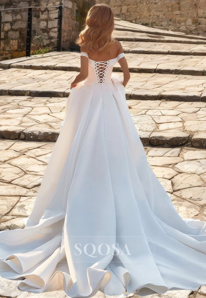 Couture Sleeveless Beaded Sweetheart Off-Shoulder Pleated A-Line Wedding Dress with Train