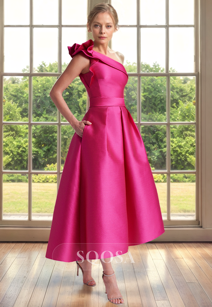 A Line One Shoulder Elegant Cocktail Dress for Wedding Mother of the Bride Dress with Pockets