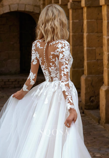 A Line Illusion Neckline Lace Appliques Long Sleeves Romantic Wedding Dress