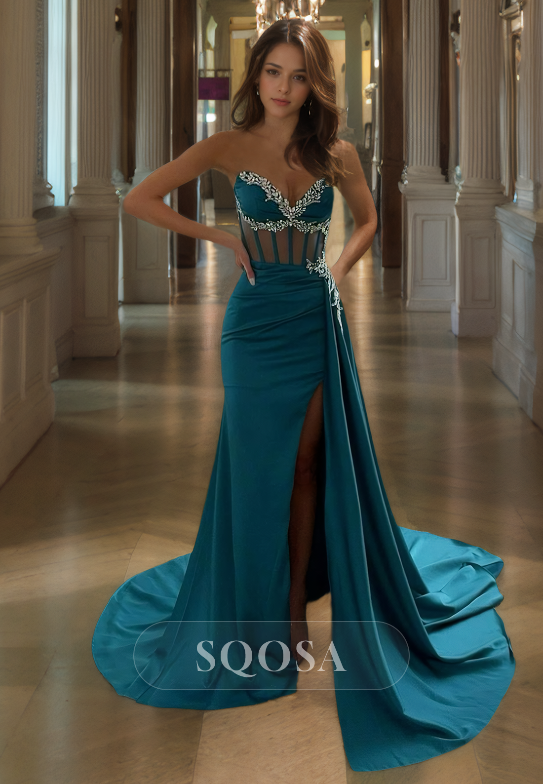 Sweetheart Sleeveless Formal Gowns Beaded Cutout Slit with Sweep Train Fitted Prom Dress