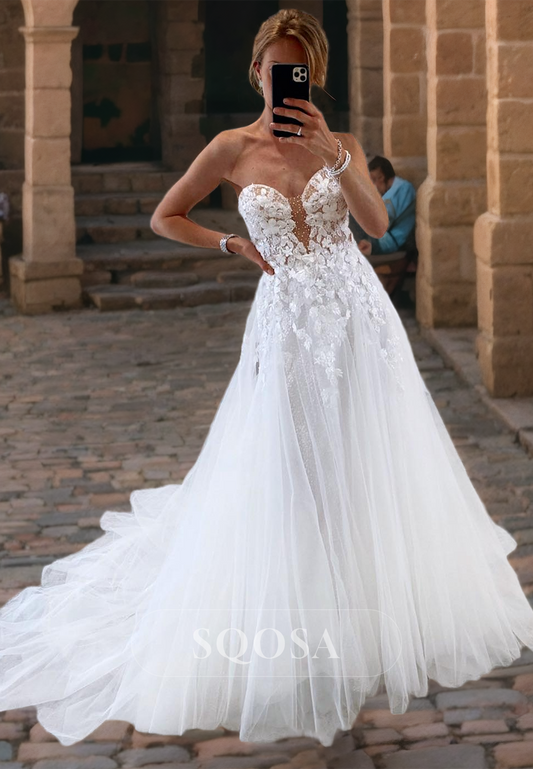 A-Line Sweetheart Sleeveless Illusion Cutout Applique and Beaded with Train Wedding Dress