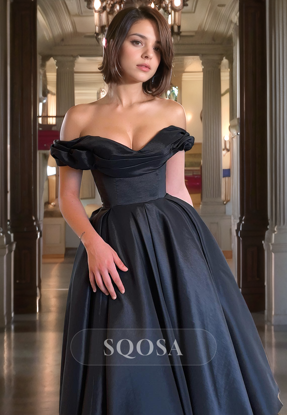 A Line Off Shoulder Pleats Black Formal Party Dress Tea Length