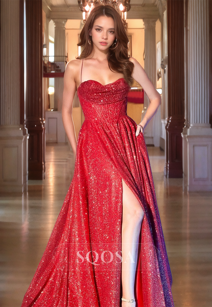 Sweetheart A-Line Spaghetti Straps Prom Dress Glitter-Knit Floor Length with Slit Party Gowns