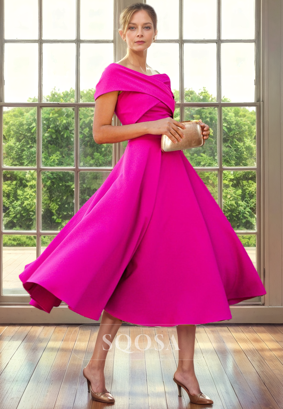 A Line Off Shoulder Pleats Short Cocktail Dress Elegant Mother of the Bride Dress Custom Size / Fuchsia A Line Off Shoulder Pleats Short Cocktail Dress Elegant Mother of the Bride Dress Custom Size / Fuchsia