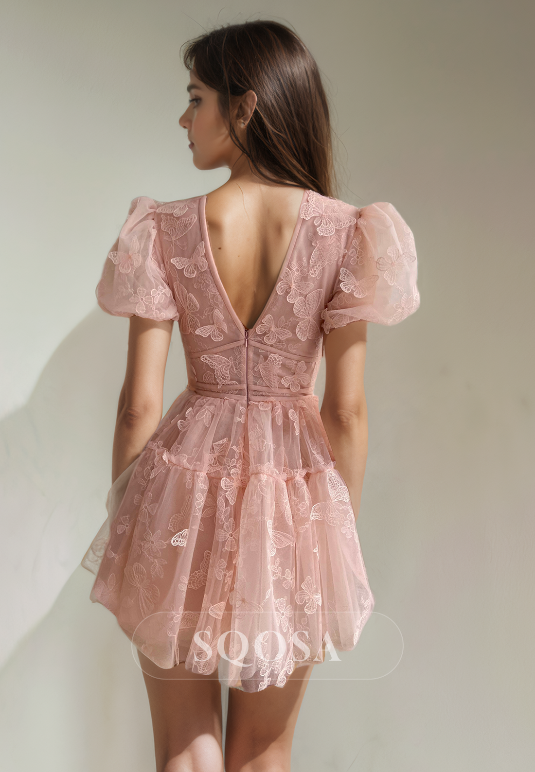 A Line V Neck Short Sleeves Pink Homecoming Dress Short Prom Party Dress