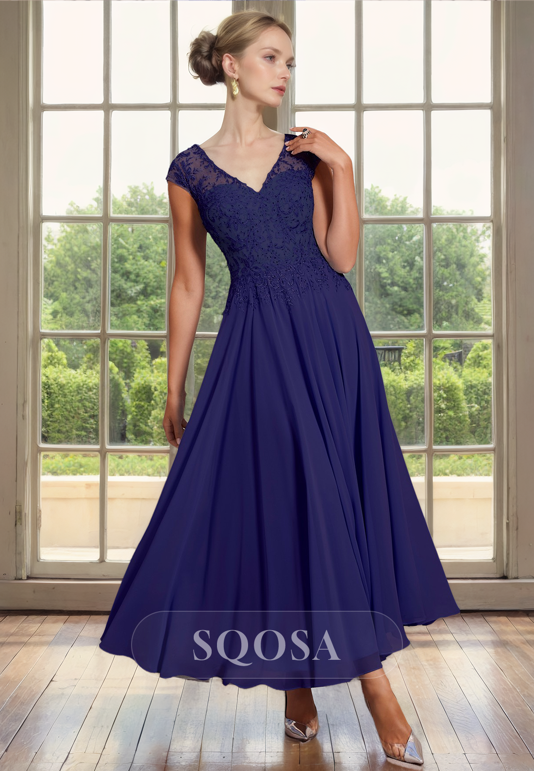 A Line V Neck Lace Appliques Short Sleeves Eleagnt Mother of the Bride Dress with Shawl US14 / Dusty Blue A Line V Neck Lace Appliques Short Sleeves Eleagnt Mother of the Bride Dress with Shawl US14 / Dusty Blue