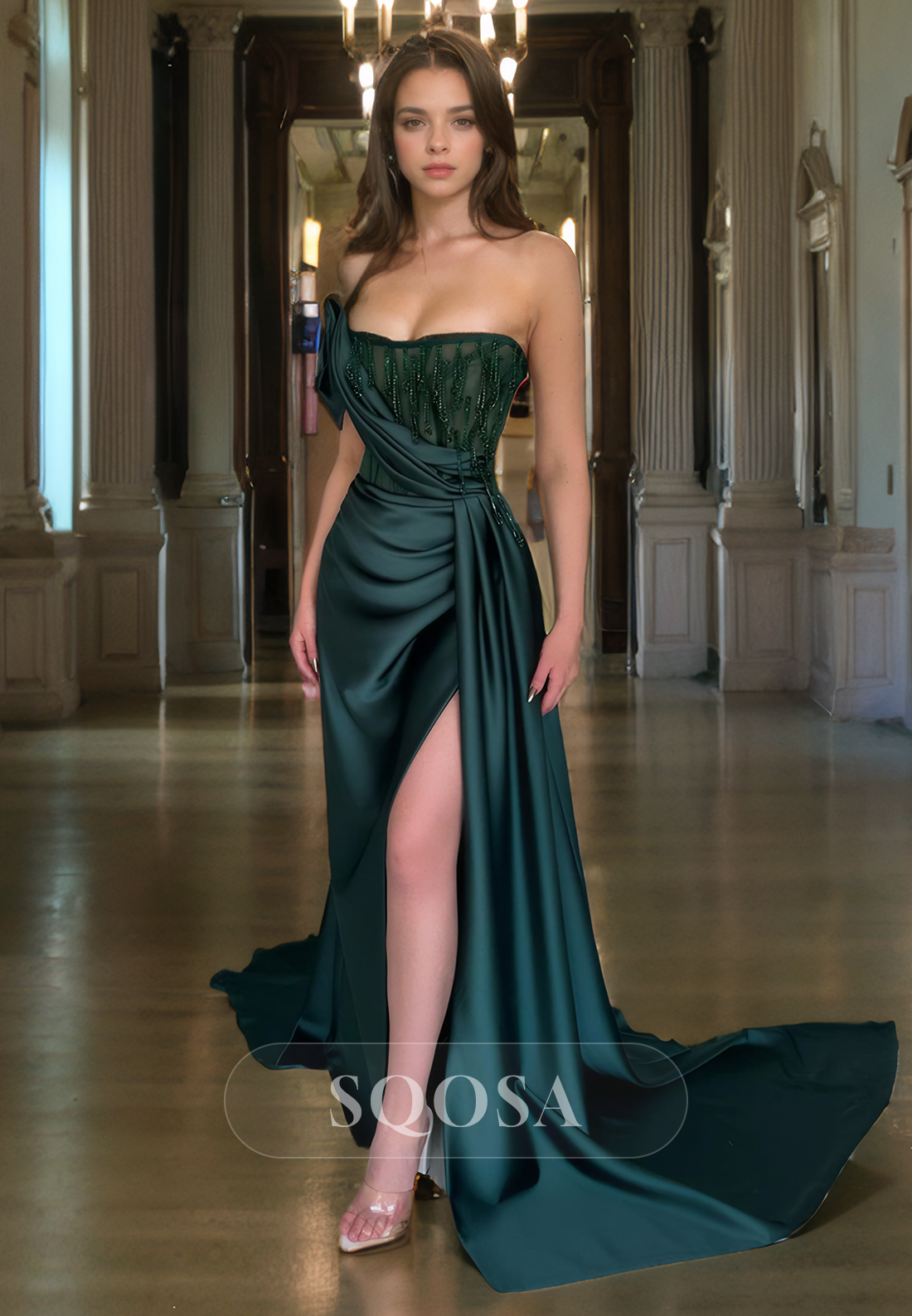 Sheath Strapless Beads Long Prom Dress with Slit Formal Evening Gown