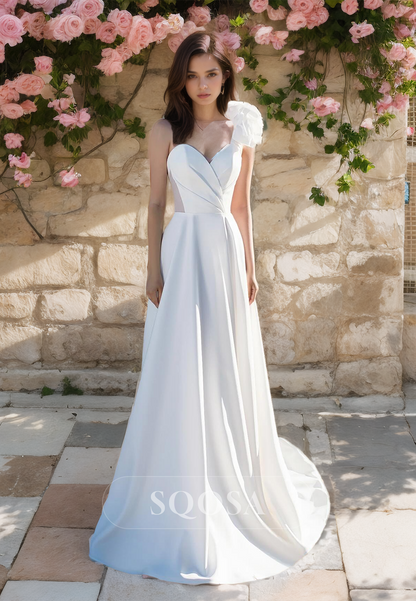 Sweetheart One-Strap Satin A-Line Wedding Dress Sleeveless Floral Embossed with Train Bridal Gowns