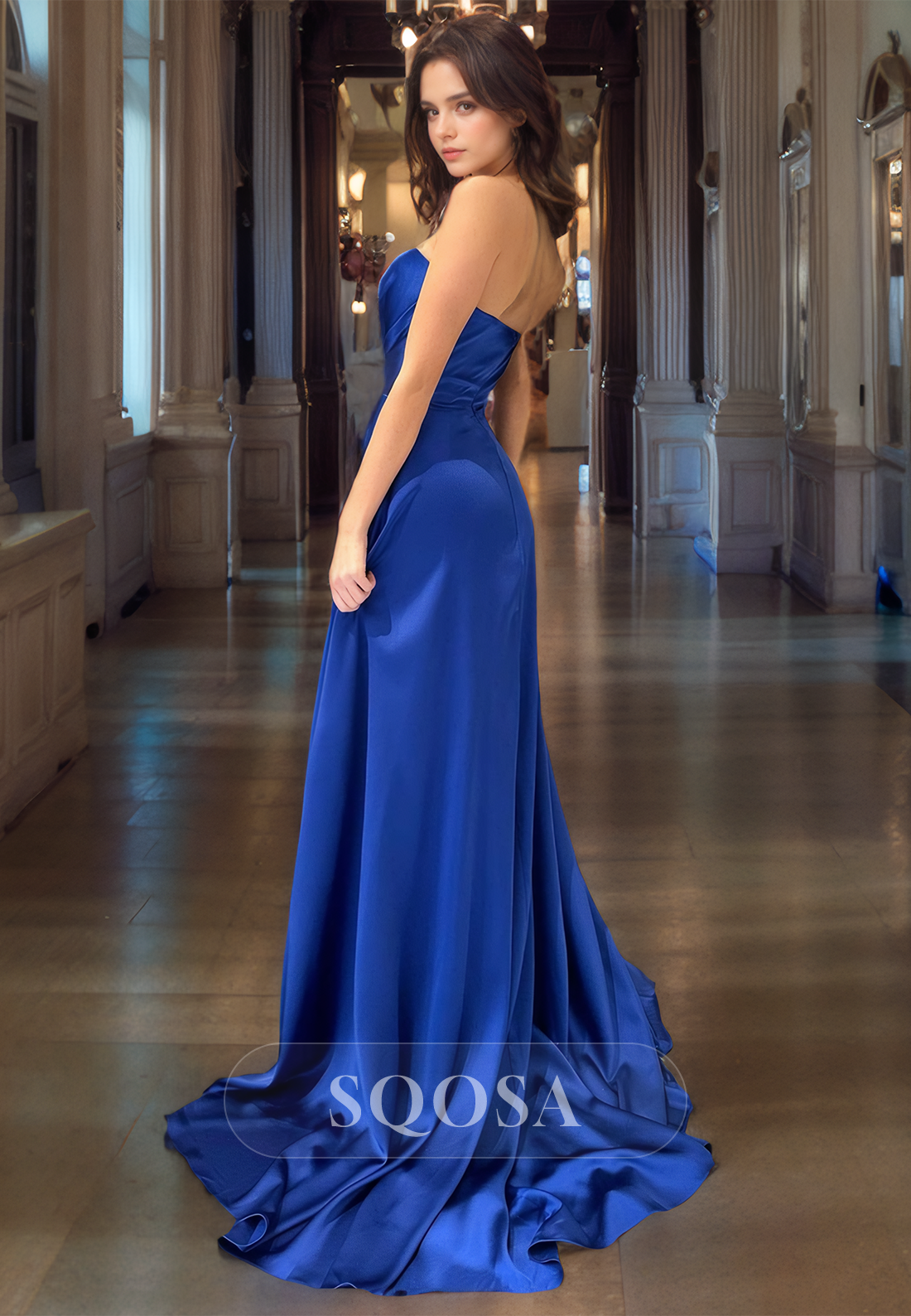 A Line Sweetheart Satin Pleats Long Prom Dress with Slit Formal Gown