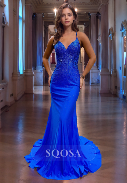 V-Neck Sleeveless Spaghetti Straps Beaded Mermaid Prom Dress with Train Satin Formal Gowns